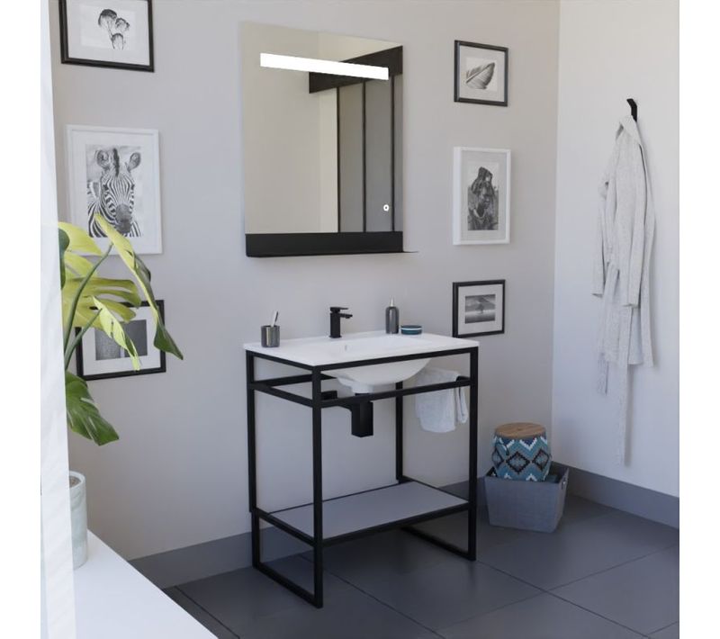 Ensemble Structura 70 Cm Avec Plan Vasque Et Miroir LED Etal- Céramique - Gris