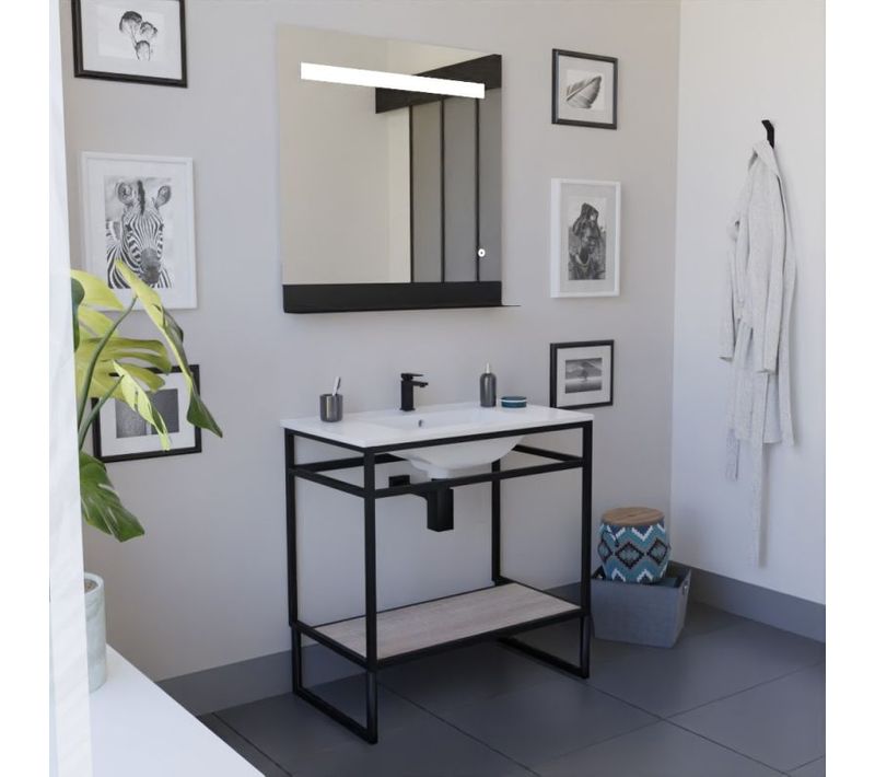 Ensemble Structura 80 Cm Avec Plan Vasque Et Miroir LED Etal- Céramique - Bois