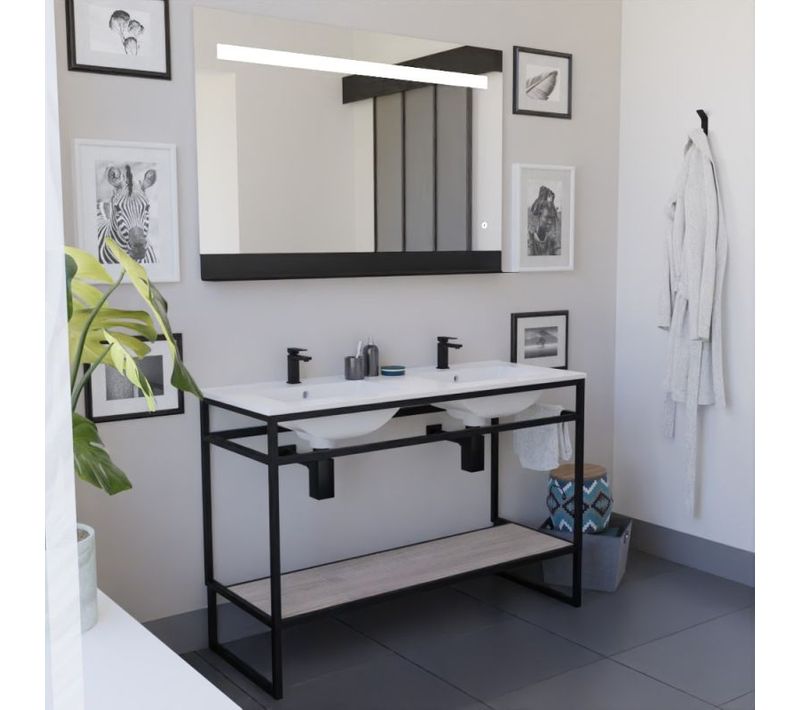 Ensemble Structura 120 Cm Avec Plan Double Vasque Et Miroir LED Etal- Céramique - Bois