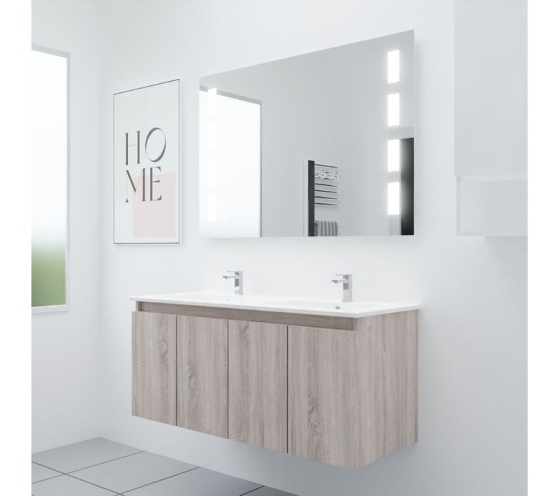Meuble Proline 120 Cm Avec Plan Double Vasque Et Miroir Prestige Plus- Bois- Céramique