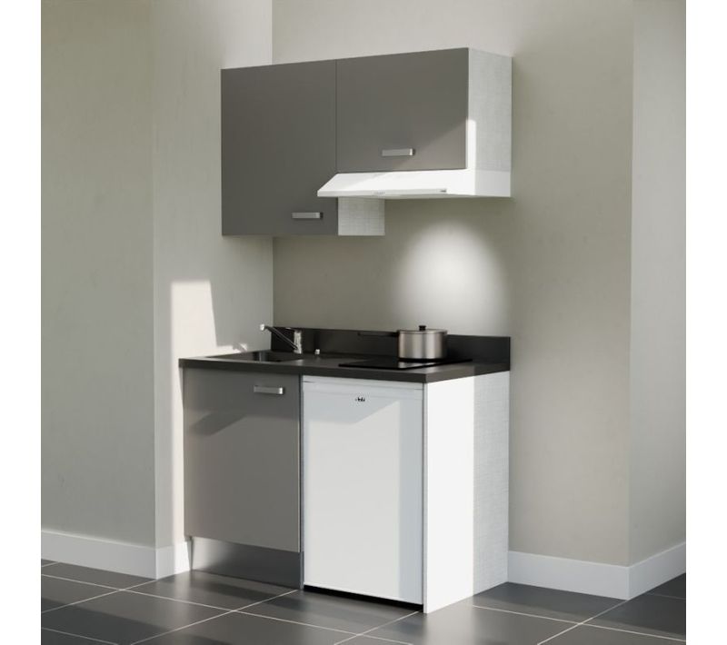 Kitchenette K01 - Gris - Plan Monobloc Nero évier à Gauche - Electroménager Blanc Inclus