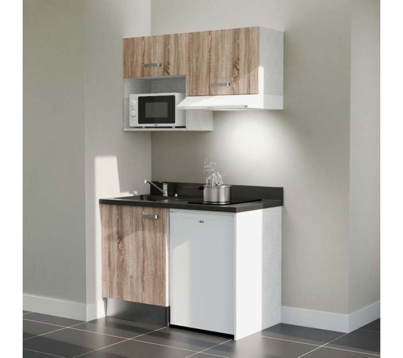 Kitchenette K02 - Bois - Plan Monobloc Nero évier à Gauche - Electroménager Blanc Inclus