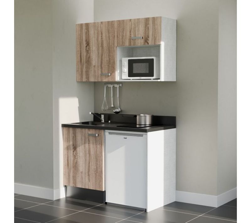 Kitchenette K07 - Bois - Plan Monobloc Nero évier à Gauche - Electroménager Blanc Inclus