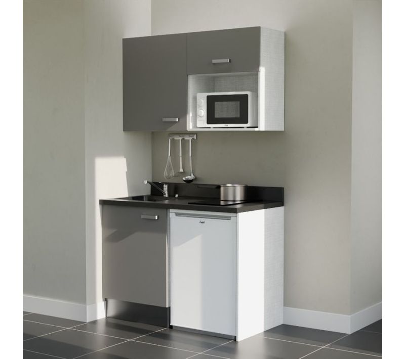 Kitchenette K07 - Gris - Plan Monobloc Nero évier à Gauche - Electroménager Blanc Inclus