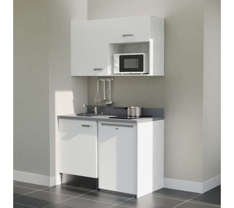 Kitchenette K07 - Blanc - Plan Monobloc Cromo évier à Gauche - Electroménager Blanc Inclus