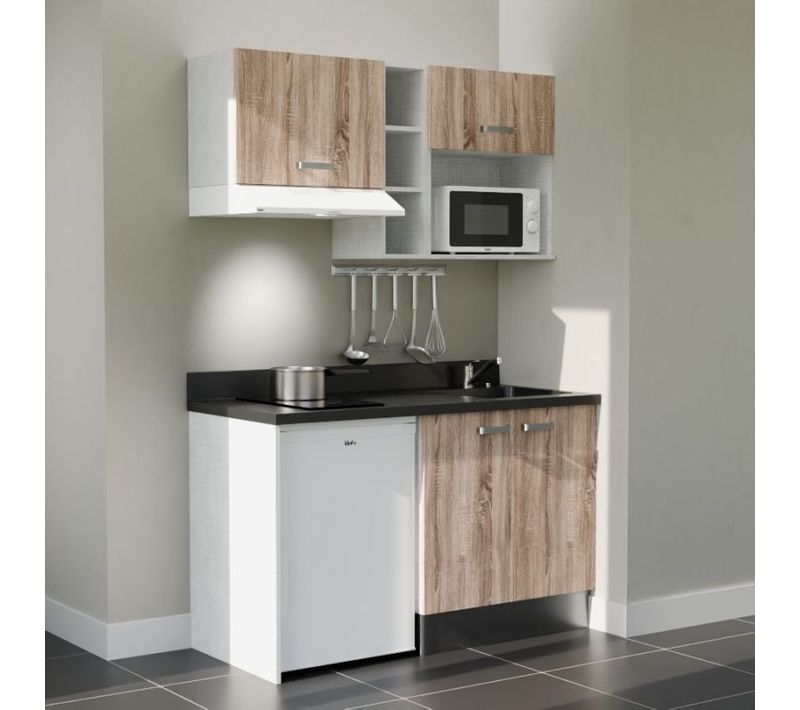 Kitchenette K13 - Bois - Plan Monobloc Nero évier à Droite - Electroménager Blanc Inclus