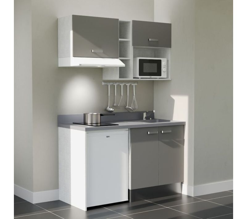Kitchenette K13 - Gris - Plan Monobloc Cromo Évier à Droite - Electroménager Blanc Inclus