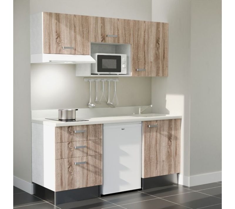 Kitchenette K20 - Bois - Plan Monobloc Snova évier à Droite - Electroménager Blanc Inclus
