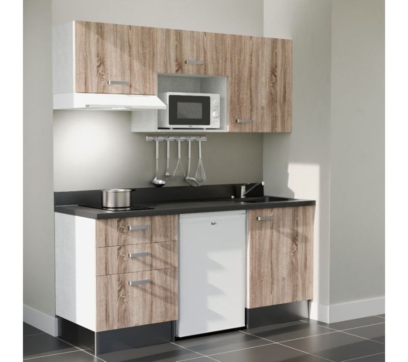 K20 : Bois - Plan Monobloc Nero Évier à Droite + Electro Blanc