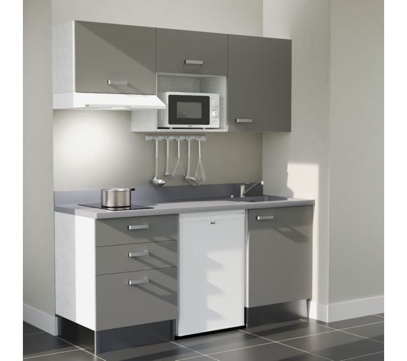Kitchenette K20 - Gris - Plan Monobloc Cromo évier à Droite - Electroménager Blanc Inclus
