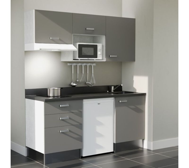 K20 : Gris - Plan Monobloc Nero Évier à Droite + Electro Blanc