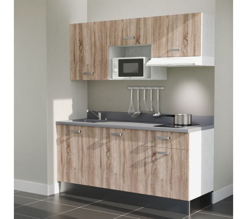 Kitchenette K30 - Bois - Plan Monobloc Cromo Évier à Gauche - Electroménager Blanc Inclus