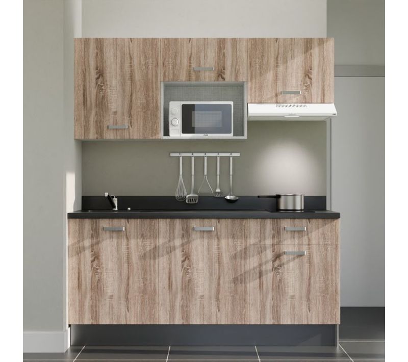 Kitchenette K30 - Bois - Plan Monobloc Nero Évier à Gauche - Electroménager Blanc Inclus