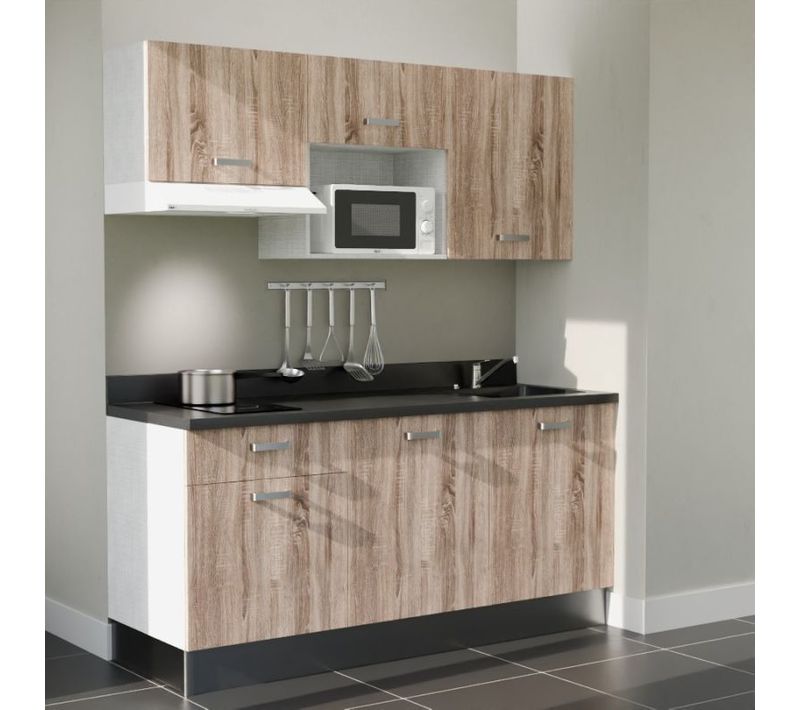 Kitchenette K30 - Bois - Plan Monobloc Nero Évier à Droite - Electroménager Blanc Inclus