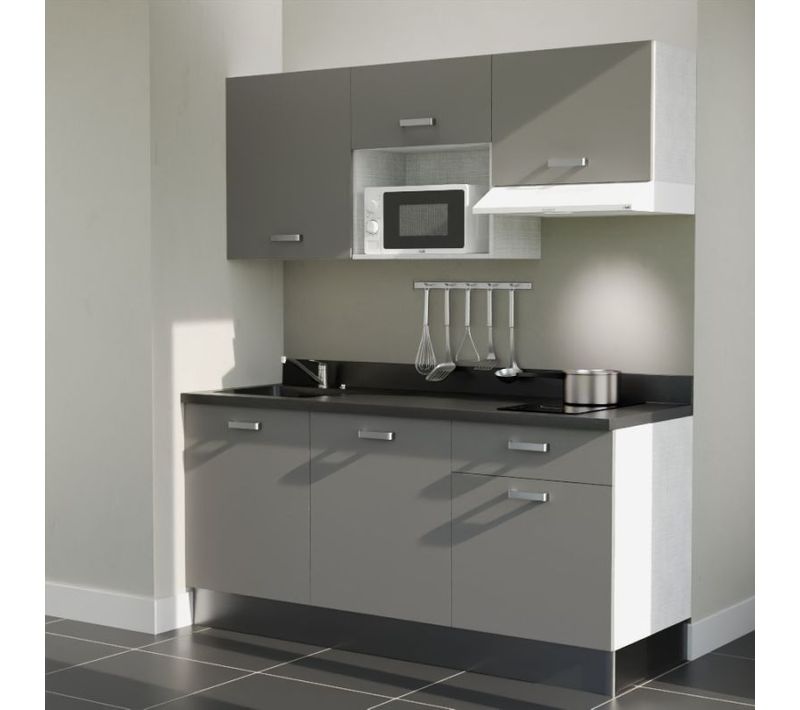 Kitchenette K30 - Gris - Plan Monobloc Nero évier à Gauche - Electroménager Blanc Inclus