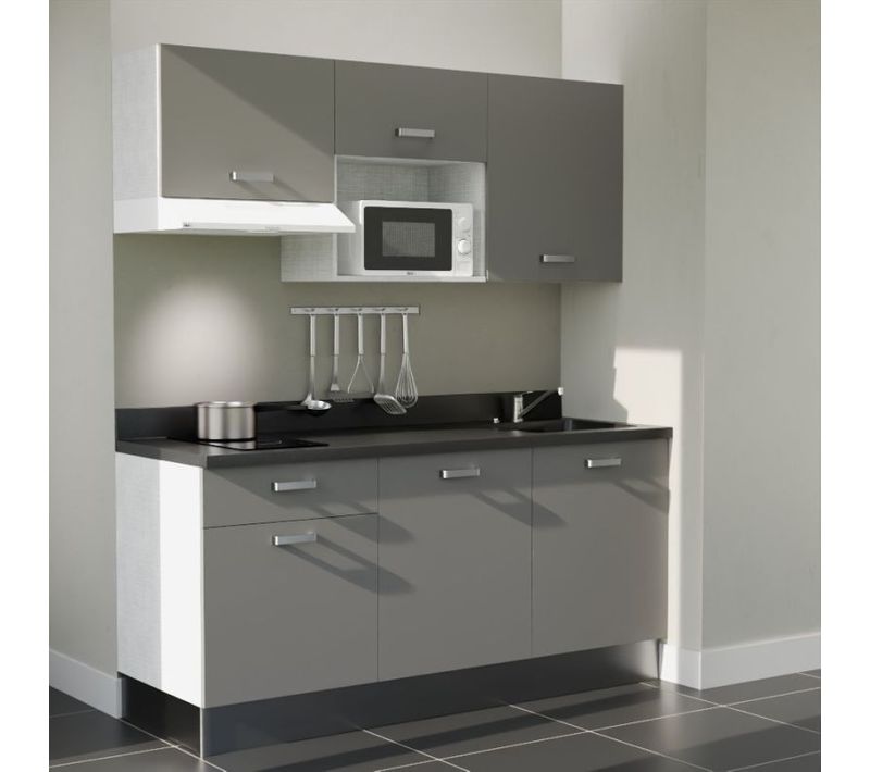 Kitchenette K30 - Gris - Plan Monobloc Nero évier à Droite - Electroménager Blanc Inclus