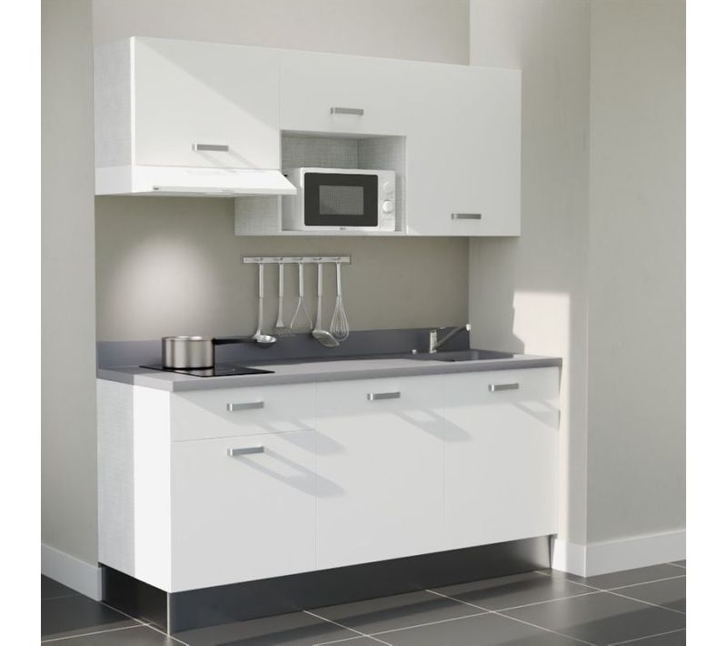 Kitchenette K30 - Blanc - Plan Monobloc Cromo évier à Droite - Electroménager Blanc Inclus