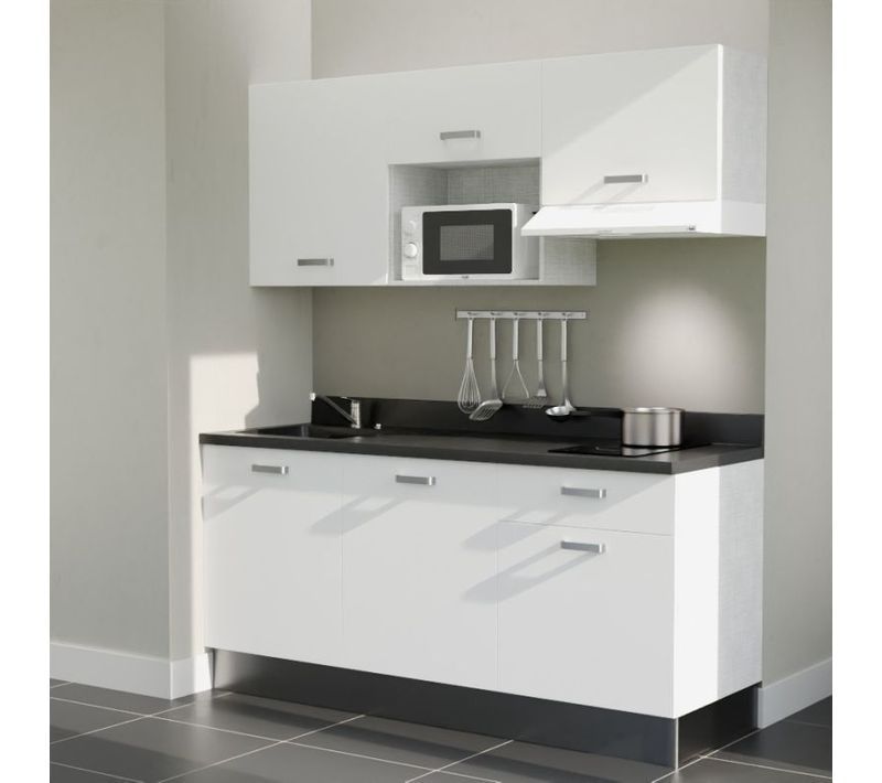 Kitchenette K30 - Blanc - Plan Monobloc Nero Évier à Gauche - Electroménager Blanc Inclus