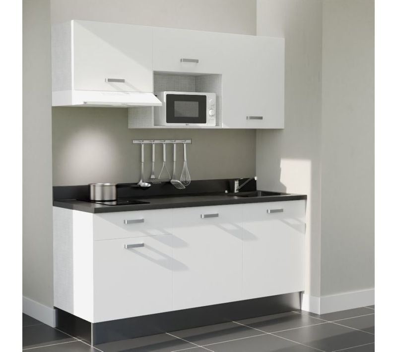 Kitchenette K30 - Blanc - Plan Monobloc Nero évier à Droite - Electroménager Blanc Inclus