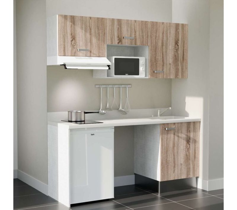 Kitchenette K55 - Bois - Plan Monobloc Snova évier à Droite - Electroménager Blanc Inclus
