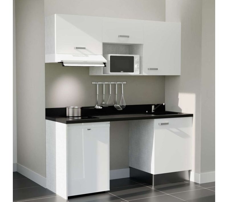 Kitchenette K55 - Blanc - Plan Monobloc Nero évier à Droite - Electroménager Blanc Inclus