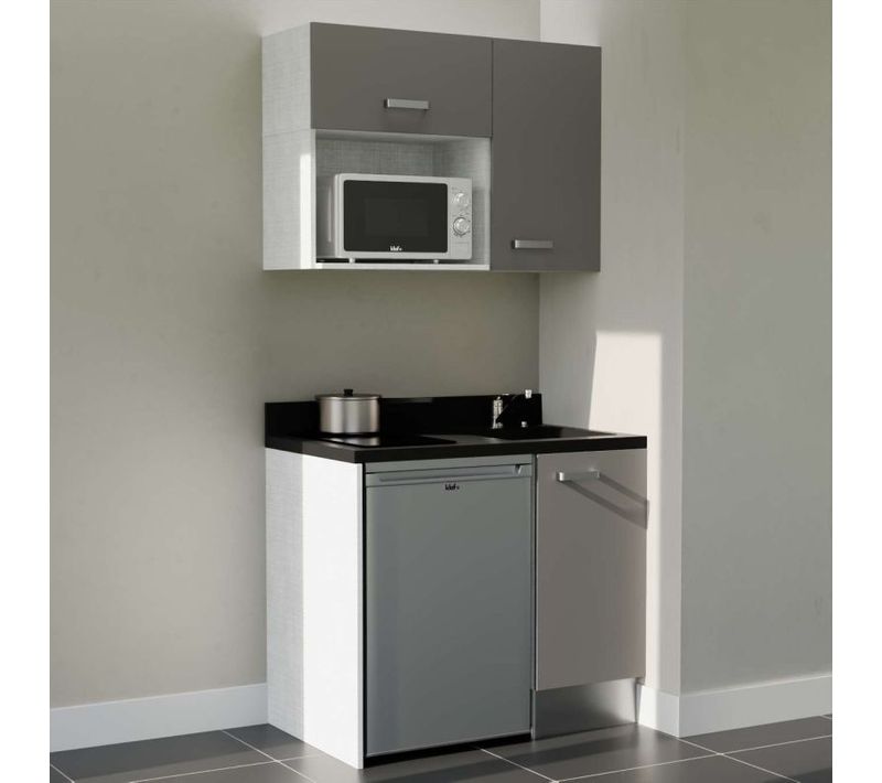 Kitchenette K00 - Gris - Plan Monobloc Nero Évier à Droite - Electroménager Inox Inclus
