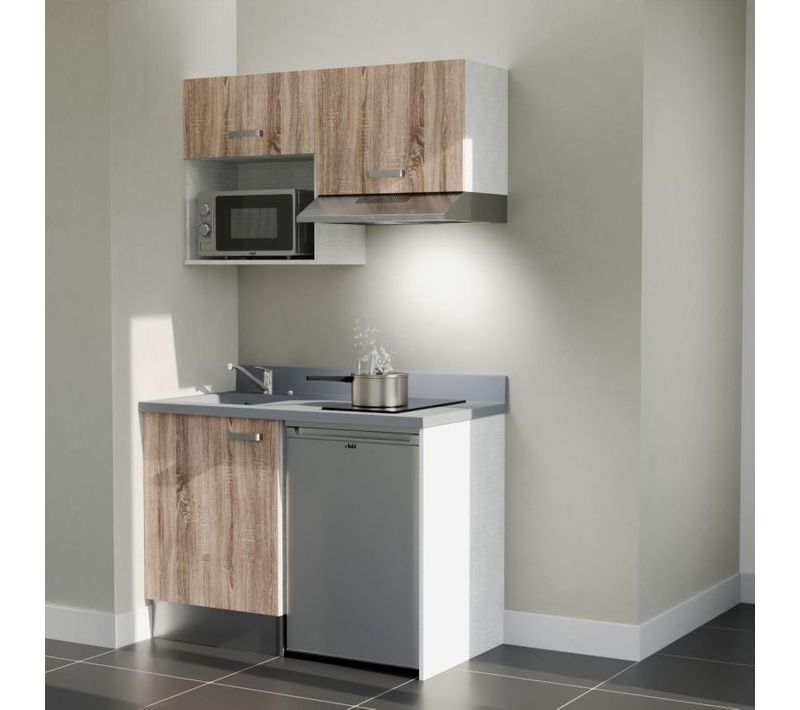 Kitchenette K02 - Bois - Plan Monobloc Cromo évier à Gauche - Electroménager Inox Inclus