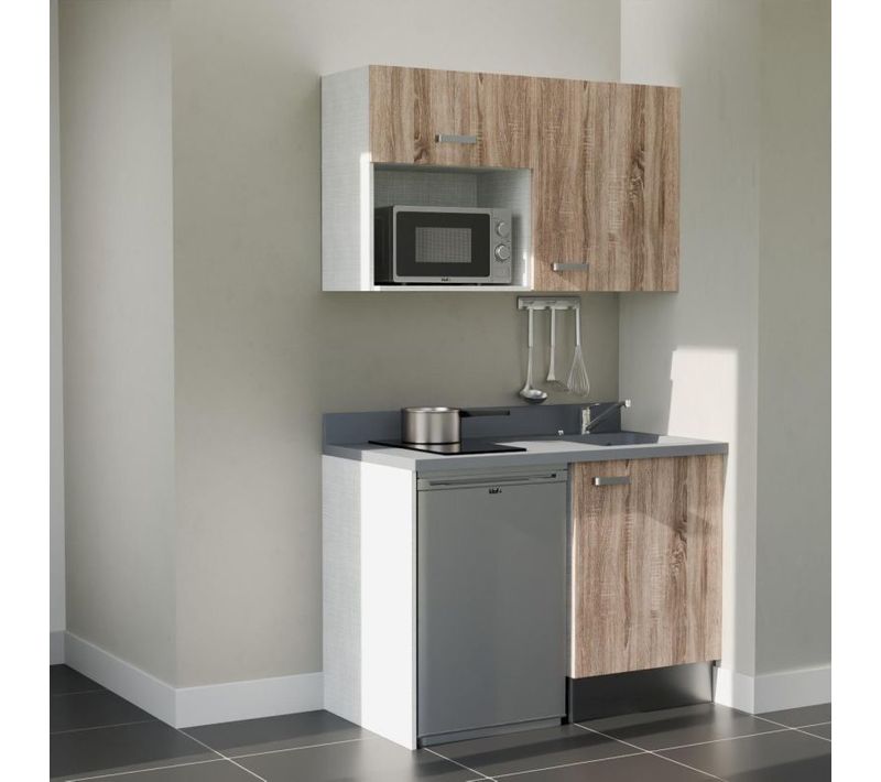 Kitchenette K07 - Bois - Plan Monobloc Cromo évier à Droite - Electroménager Inox Inclus