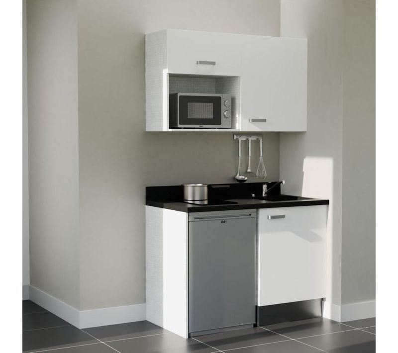 Kitchenette K07 - Blanc - Plan Monobloc Nero évier à Droite - Electroménager Inox Inclus
