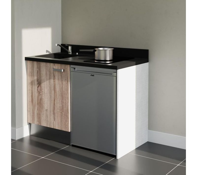 Kitchenette K08 - Bois - Plan Monobloc Nero évier à Gauche - Electroménager Inox Inclus