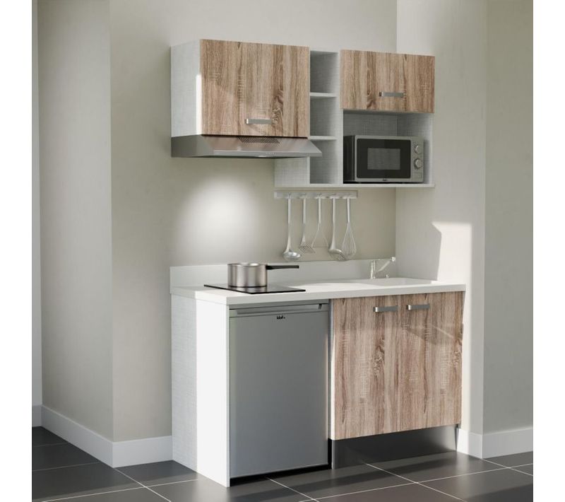 Kitchenette K13 - Bois - Plan Monobloc Snova évier à Droite - Electroménager Inox Inclus