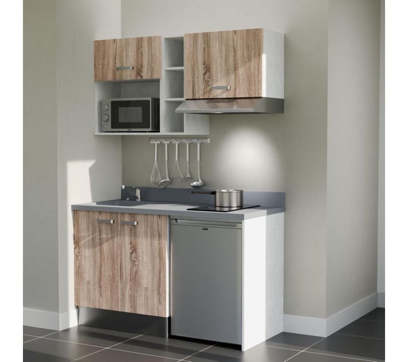 Kitchenette K13 - Bois - Plan Monobloc Cromo évier à Gauche - Electroménager Inox Inclus