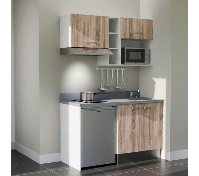 Kitchenette K13 - Bois - Plan Monobloc Cromo évier à Droite - Electroménager Inox Inclus