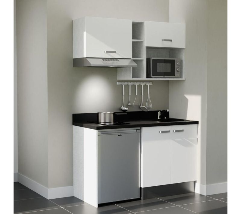 Kitchenette K13 - Blanc - Plan Monobloc Nero Évier à Droite - Electroménager Inox Inclus