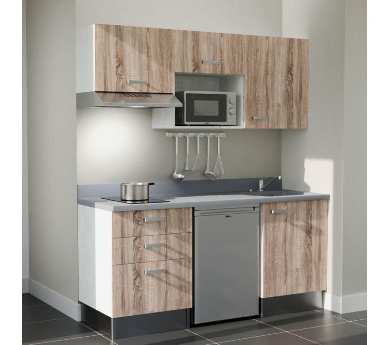 Kitchenette K20 - Bois - Plan Monobloc Cromo évier à Droite - Electroménager Inox Inclus