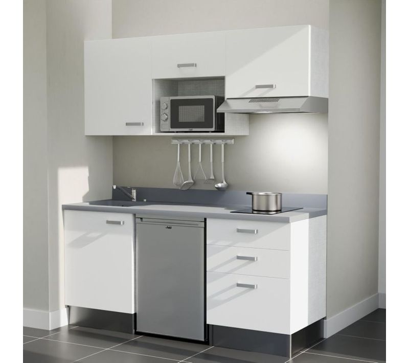 Kitchenette K20 - Blanc - Plan Monobloc Cromo évier à Gauche - Electroménager Inox Inclus