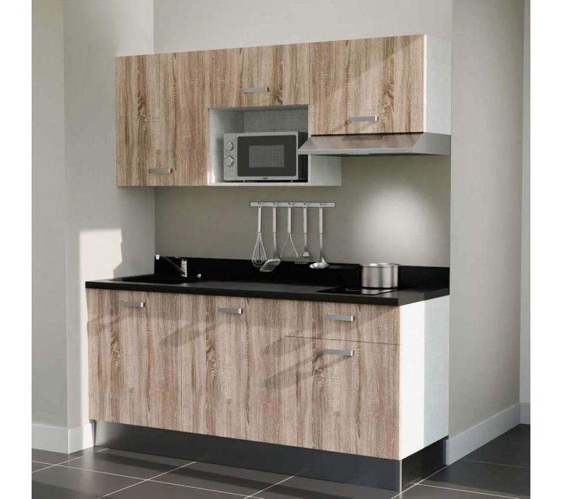 Kitchenette K30 - Bois - Plan Monobloc Nero évier à Gauche - Electroménager Inox Inclus