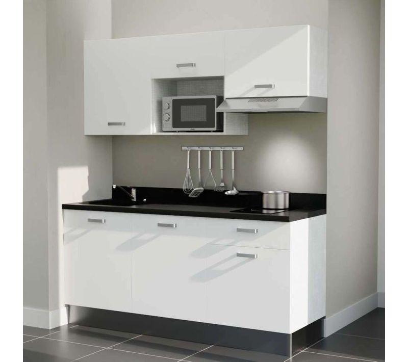 Kitchenette K30 - Blanc - Plan Monobloc Nero évier à Gauche - Electroménager Inox Inclus