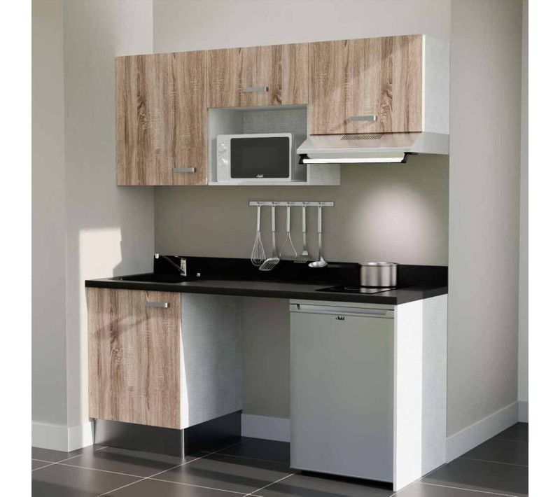Kitchenette K55 - Bois - Plan Monobloc Nero évier à Gauche - Electroménager Inox Inclus