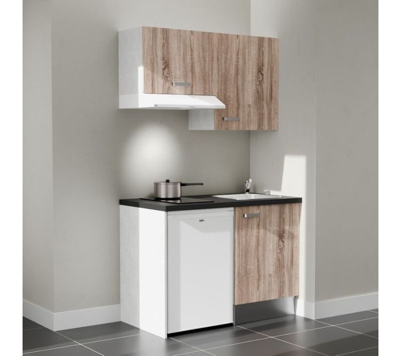 Kitchenette K01 - Façades : Bois - Plan Travail : Noir Texturé - Crédences : Non - électro : Blanc