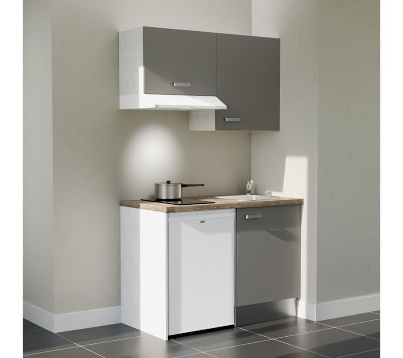 Kitchenette K01 - Façades Gris - Plan Stratifié Bois - Crédences : Non - Électroménager Blanc Inclus