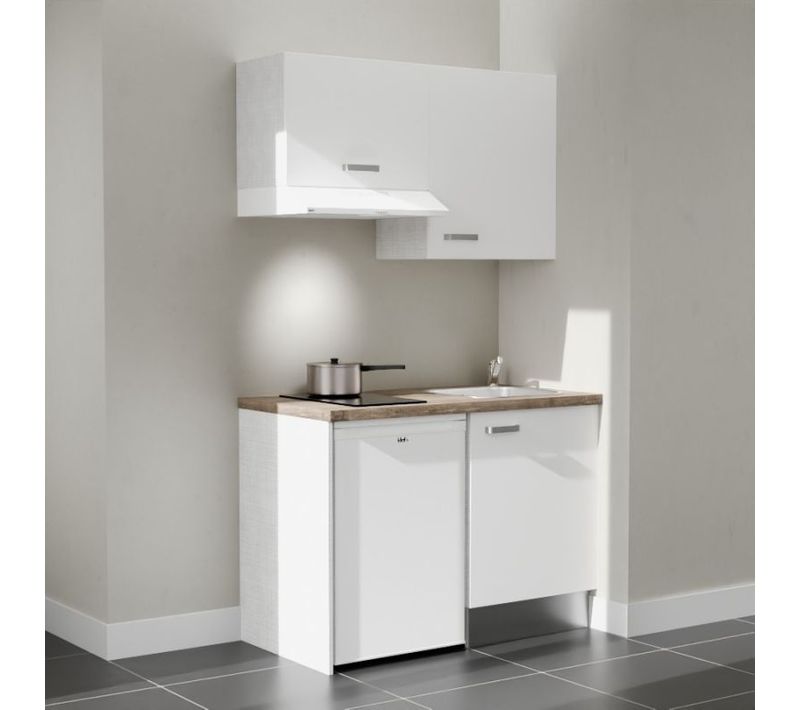 Kitchenette K01l-pt - 120 Cm-façade Blanc-plan Bois-evier Inox-crédences Non+electro Blanc