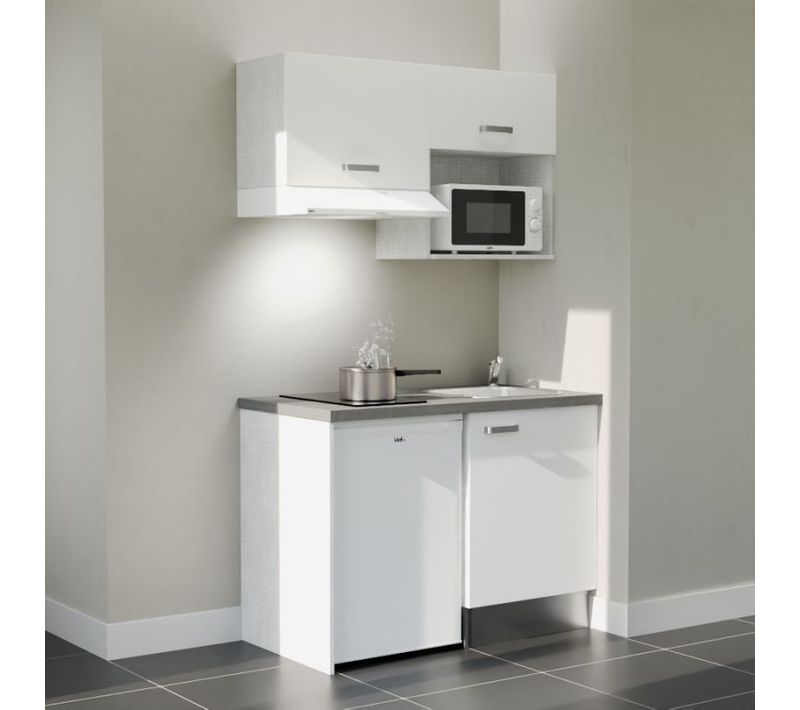 Kitchenette K02 - Façades : Blanc - Plan Travail : Gris Béton - Crédences : Non - électro : Blanc