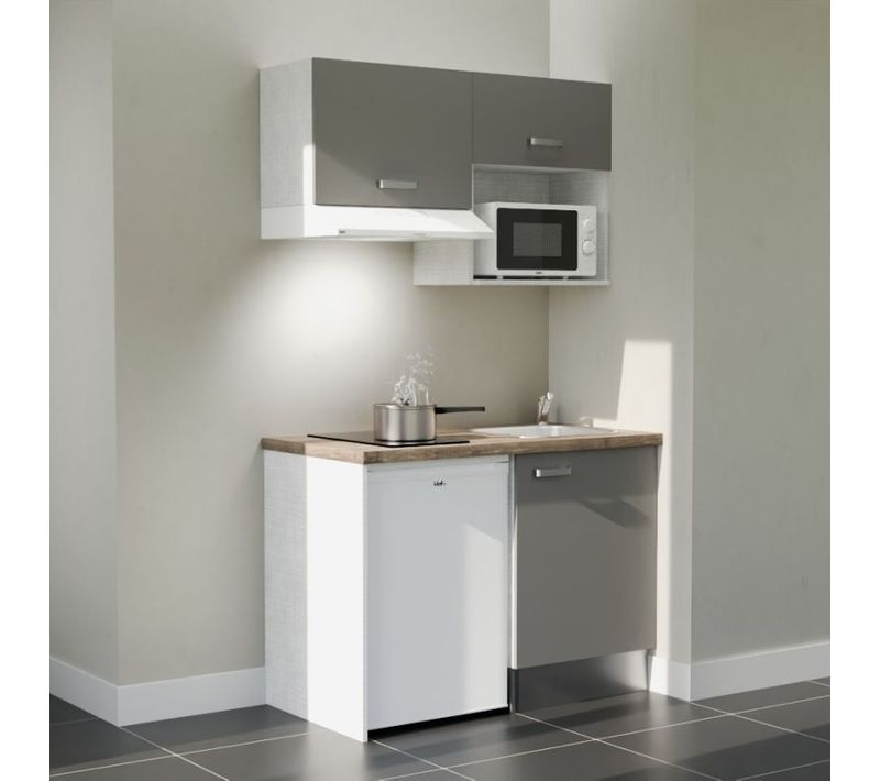 Kitchenette K02 - Façades Gris - Plan Stratifié Bois - Crédences : Non - Électroménager Blanc Inclus