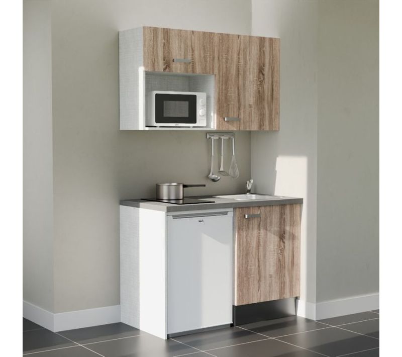 Kitchenette K07l-pt - 120 Cm-façade Bois-plan Gris Béton-evier Inox-crédences Non+electro Blanc