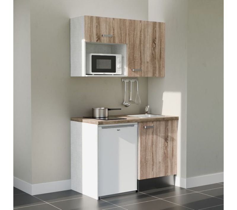 Kitchenette K07 - Façades Bois - Plan Stratifié Bois - Crédences : Non - Électroménager Blanc Inclus