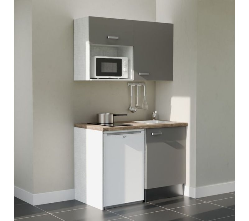 Kitchenette K07 - Façades : Gris - Plan Travail : Bois - Crédences : Non - électro : Blanc