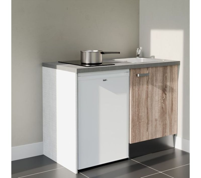 Kitchenette K08 - Façades : Bois - Plan Travail : Gris Béton - Crédences : Non - électro : Blanc
