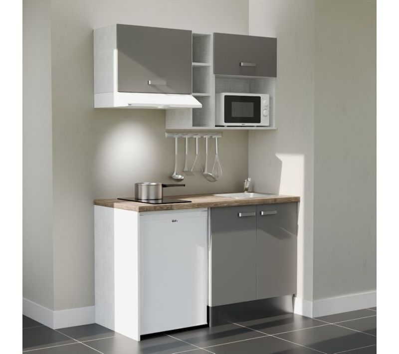 Kitchenette K13 - Façades : Gris - Plan Travail : Bois - Crédences : Non - électro : Blanc