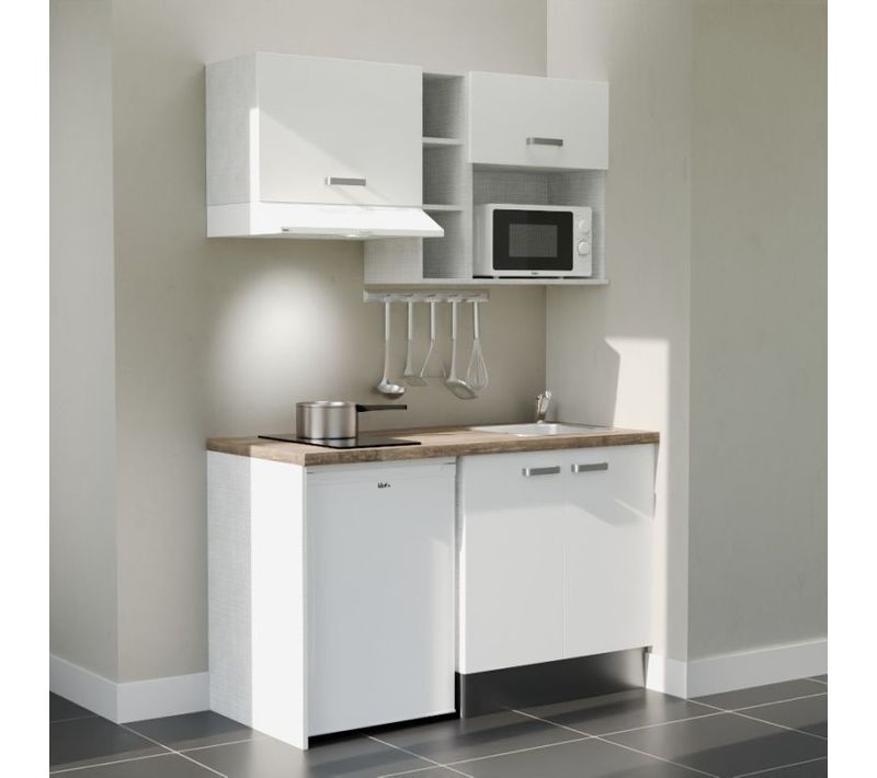 Kitchenette K13 - Façades : Blanc - Plan Travail : Bois - Crédences : Non - Électro : Blanc
